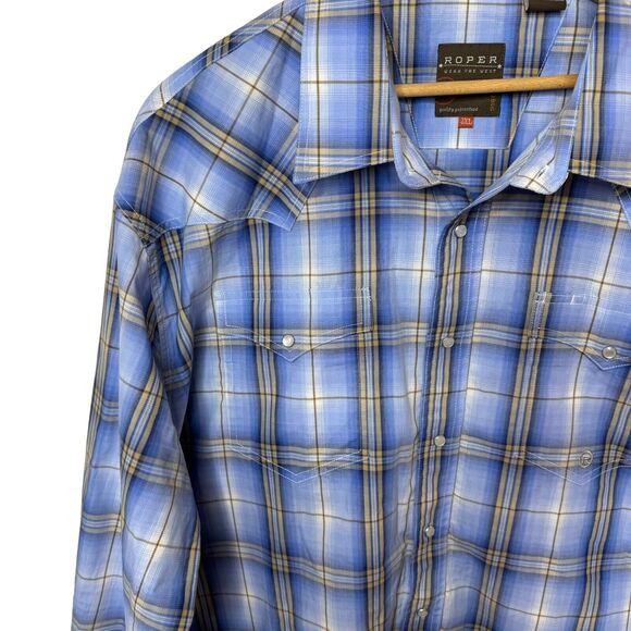 Roper Pearl Snap Shirt Mens 2XL Blue Plaid Long Sleeve Western Rodeo - Picture 2 of 8
